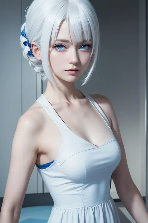 Panel female character with straight white hair and blue eyes wearing a white dress,  realistic one piece anime 