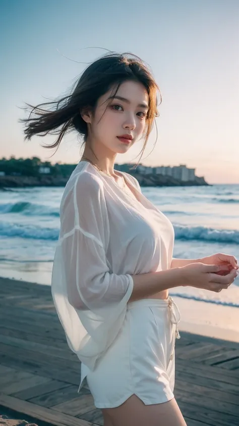 Create a serene portrait of a young woman (look forward) on a beach. She is wearing a loose-fitting white blouse, paired with a windy upskirt. Her eyes are looking viewer, and she has a peaceful expression on her face, enjoying the moment. The background f...