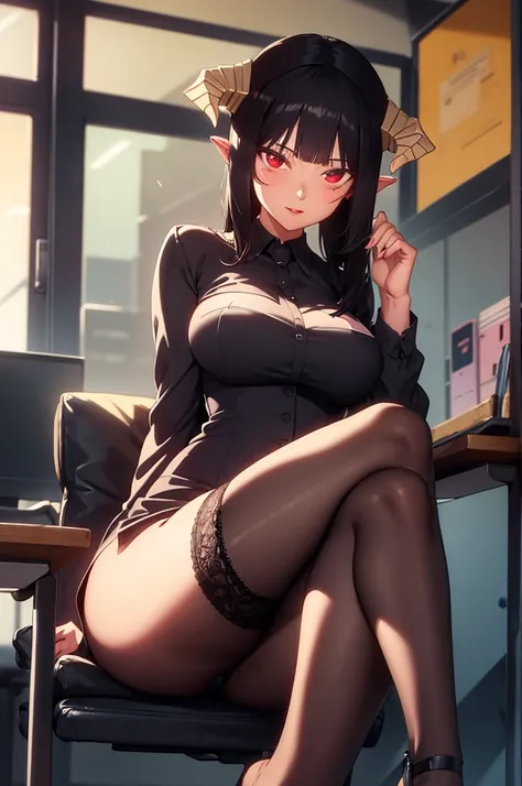 work of art, best qualityer, ultra detali, illustration, colorfully, flat colour, Depth of field, 1 girl, sitting down, Bblack hair, horns on head, Eyes red, , gazing at viewer, in the office, black business dress, pantyhose, black pantyhose, Detailed text...