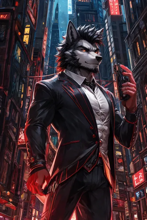 Anthro wolf man, Wearing a black suit, handsome, charismatic, has a firm and serious expression, black hair with a red pattern, he is in the middle of the night city. (Anthro wolf male)