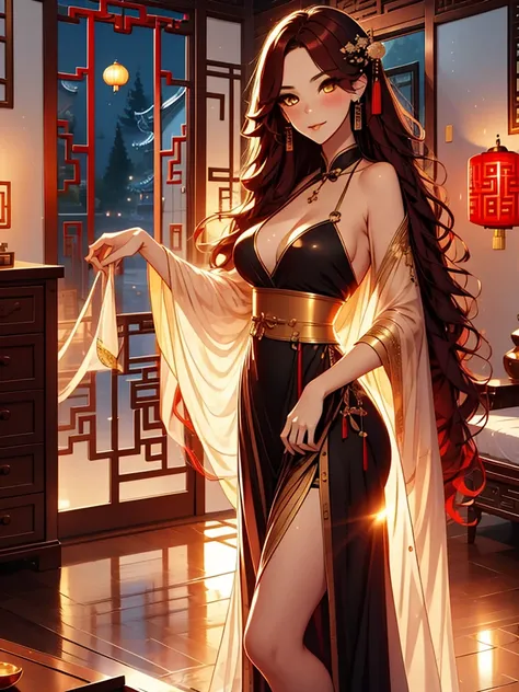 beautiful, Mark, Queen Mark, black dress, deep décolleté, wavy red hair, golden eyes, Good, sexy, sensual, chinese room, night, smiles, facial redness, looking back, Ancient Chinese style, Middle Ages, long skirt,,