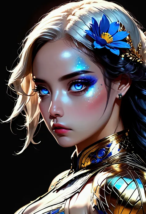 PORTRAIT, only face portrait, macro, a battle angel portrait, beautiful white skin with sparkles and glitter, long long hair with blue flowers on hair, shiny and lightening eyes, cosmos eyes, next to a white tiger, highly detailed fur (vectorized) blue lig...