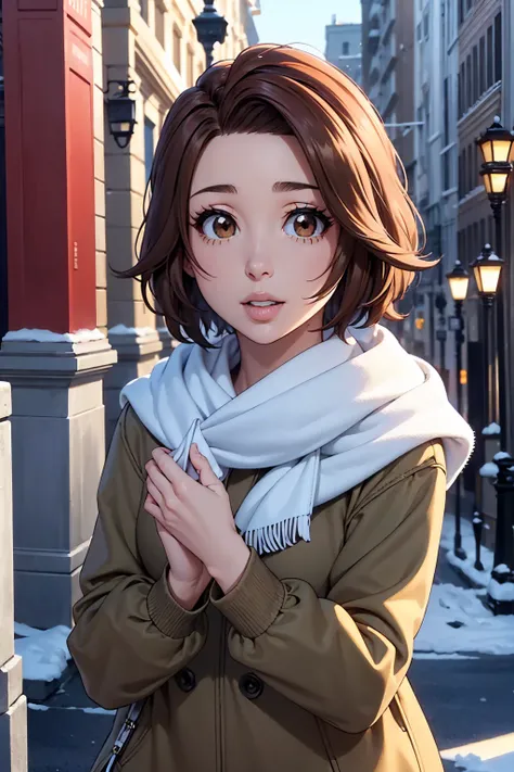 rich in detail:1.5, high resolution, Natural strokes and colors, natural lighting, face detailed, detailed hair, eye detailed, detailed nose, detailed lips. an adult and beautiful girl:1.9, wearing a sweatshirt, wearing a scarf, snowy city, with short brow...