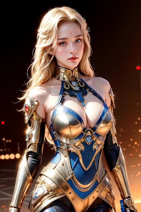 realistic, Realistic picture,Masterpiece,high resolution, woman ,With blue eyes, look at the audience.,  With blue eyes,blonde hair,(Fully detailed face) cybernetic robot,metallic red/gold color,(Details of the perfect outfit.) The background is a deserted...