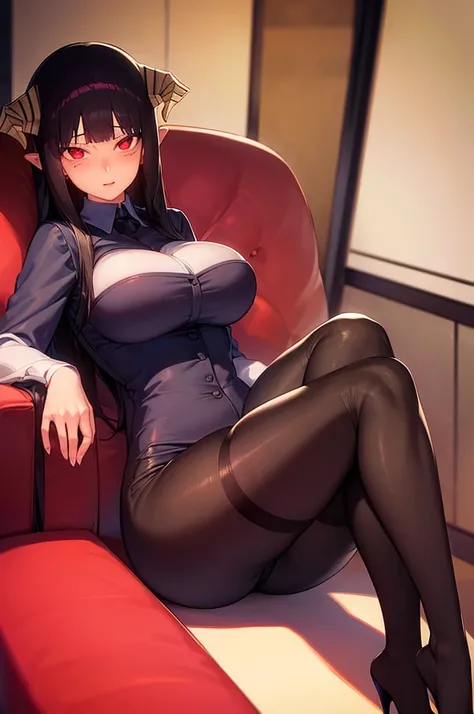 work of art, best qualityer, ultra detali, illustration, colorfully, flat colour, Depth of field, 1 girl, sitting down, Bblack hair, horns on head, Eyes red, , gazing at viewer, in the office, black business dress, pantyhose, black pantyhose, Detailed text...