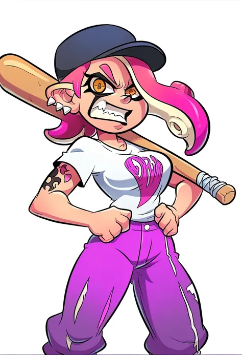 a cartoon girl with a tattoo on her arm and a baseball bat, badass pose, with splatoon style, character is in his natural pose, ...