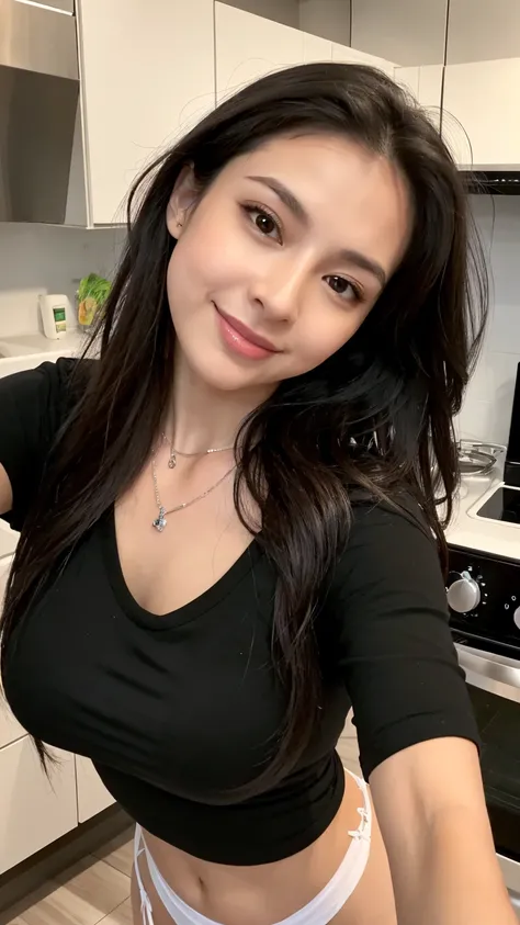 ((Best Quality, 8k, Masterpiece:1.3), Angie Marcheria), Focus:1.2, Perfect Body Beauty:1.4, Buttocks:1.2, ((Delicate Hair)), (black t-shirt:1.1), (kitchen), Highly detailed face and skin texture, Detailed eyes, Double eyelids, whitening skin, Big breasts, ...