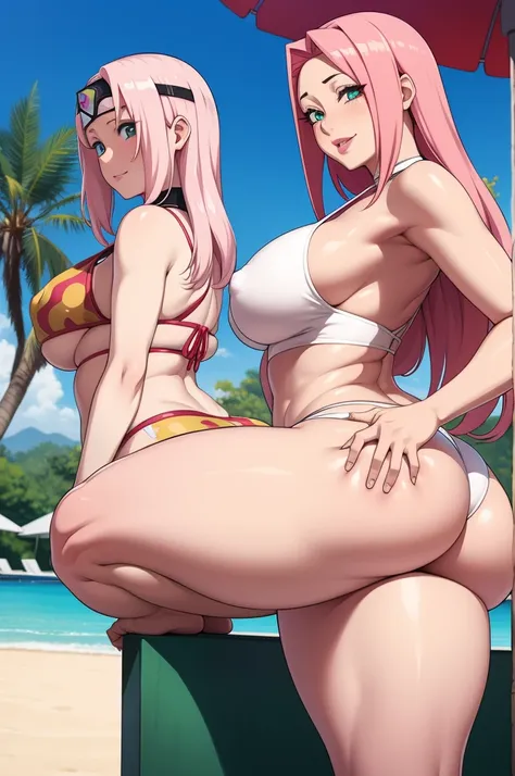 sakura haruno, 1 girl, ((boba))), long pink hair, hypdertailed, greeneyes, swollen lips, painted lips, thick lips, Broad Hips, thick-thighs, hourglass figure, small round chest, erotic smile face, sexy face, shining skin, huge butt size, white bikini, swim...