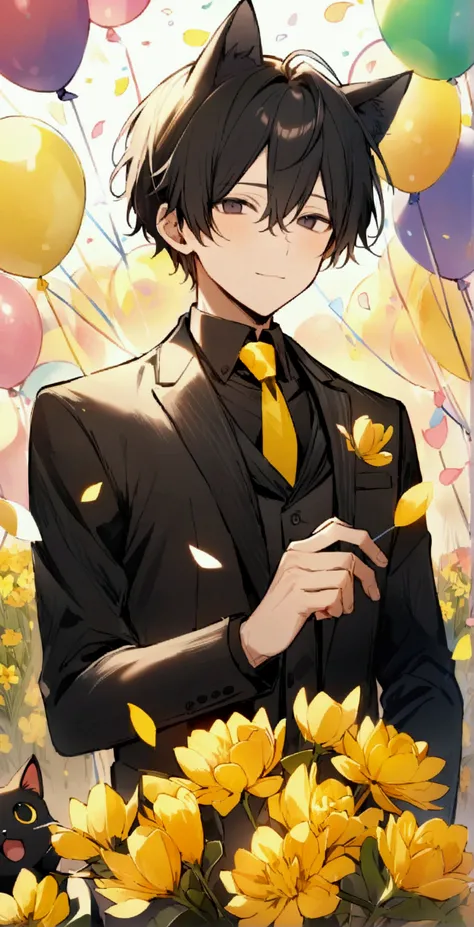 male,Black Hair,Gentle expression,Detailed and precise manual work,Black cat ears,Dark Eyes,length, Narrow eyes,Devil&#39;s Wings,Great light,An impressive subject in a field of yellow flowers, Petals flutter,Colorful balloons flying in the sky、Colorful co...