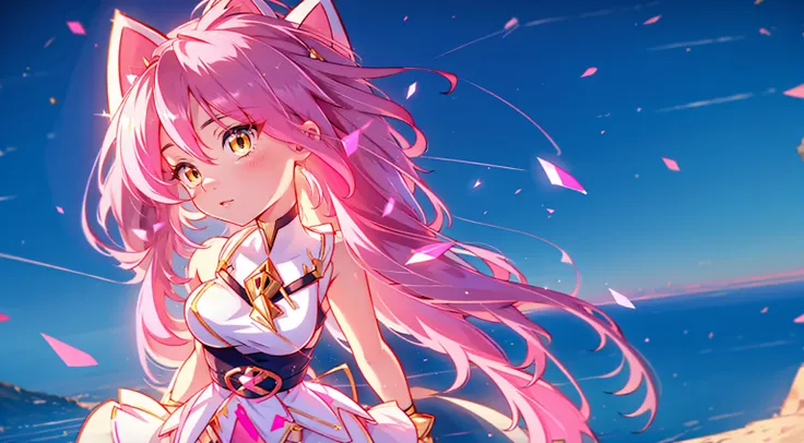 an anime girl with cat ears. fake cat ears, and the cat ears are set in gold on the head, long pink hair, very long hair, bright...