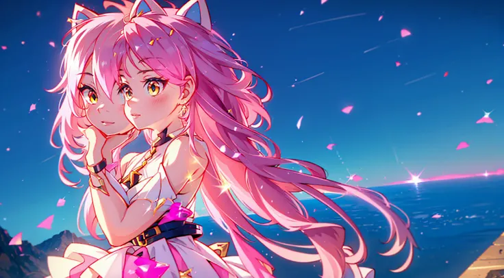 An anime girl with cat ears. Fake cat ears, and the cat ears are set in gold on the head, long pink hair, very long hair, bright pink hair, white miniskirt with gold belt, She wears white gloves on her hands, pinker BH pinker Tanger, around the neck a gold...