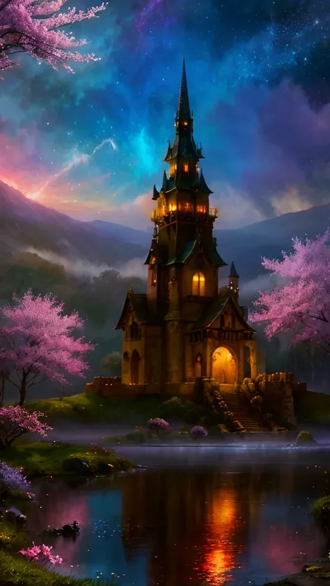 Mysterious Castle、Foggy landscape、Majestic Tower、Intricate stone carvingysterious glow、Bright colors、Enchanting atmosphere、SakuraFubuki、Hidden Secrets、Twinkling moonlight、Whimsical Creatures。(Highest quality、High resolution、Very detailed)、ancient architect...