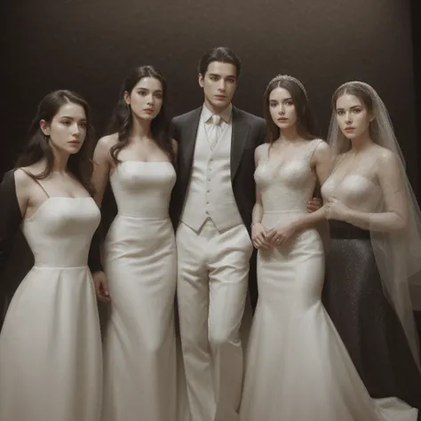 Three men and three women are standing on the opera stage, the three men are wearing black suits and the three women are wearing elegant long white dresses, close up, realistic photo