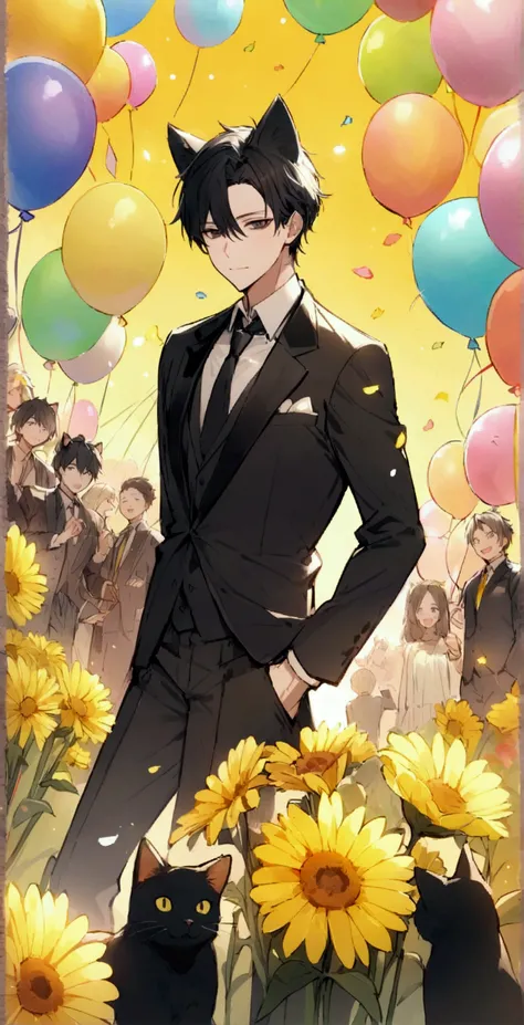 male,Black Hair,Gentle expression,Detailed and precise manual work,Black cat ears,Dark Eyes,length, Narrow eyes,Devil&#39;s Wings,Great light,An impressive subject in a field of yellow flowers, Petals flutter,Colorful balloons flying in the sky、Colorful co...