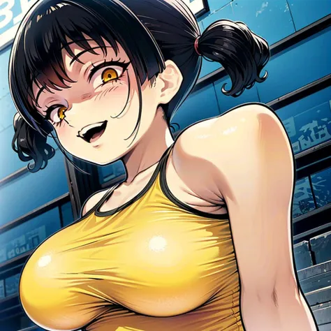 Sasaki Kanna plays gesugao, Yellow Tank Top, underboob, Sweat, Black hair twin tails, Guess face, smile, crazy Smile, 勝ち誇ったsmile, Pushing her big breasts together, Her body is like that of a slender elementary school student, but her breasts are large., Pu...