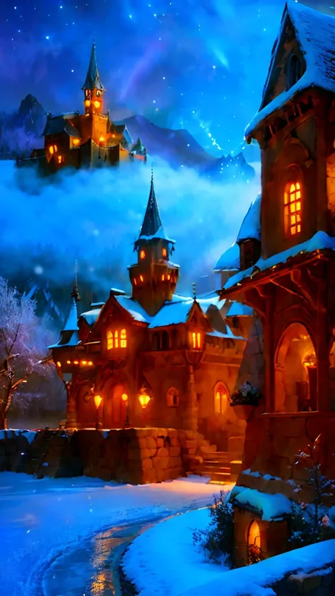 Mysterious Castle、Foggy landscape、Majestic Tower、Intricate stone carvingysterious glow、Bright colors、Enchanting atmosphere、Powder Snow、Hidden Secrets、Twinkling moonlight、Whimsical Creatures。(Highest quality、High resolution、Very detailed)、ancient architectu...