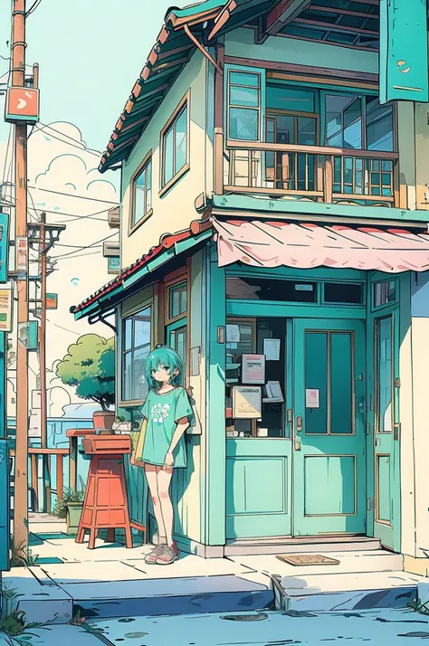 the illustration depicts a character with turquoise hair standing in front of a cafe setting. the character is wearing a t-shirt...