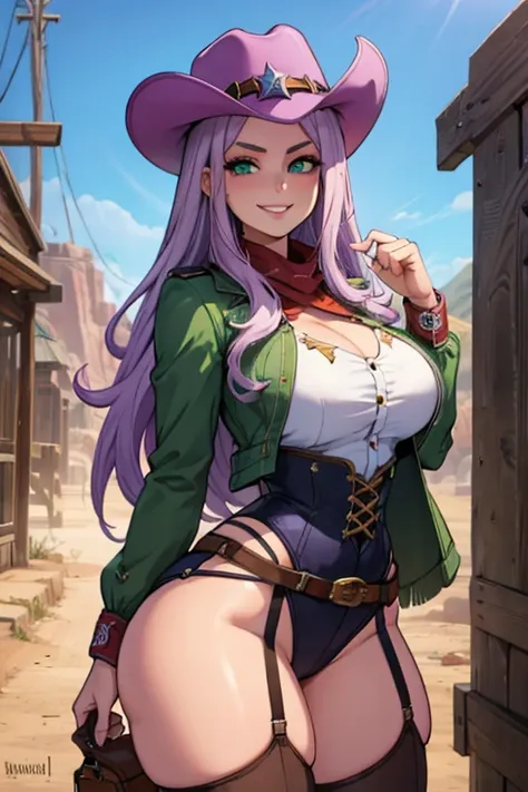 perfect face. perfect hands. a light purple haired cowgirl with green eyes and an hourglass figure in a conservative cowgirl out...