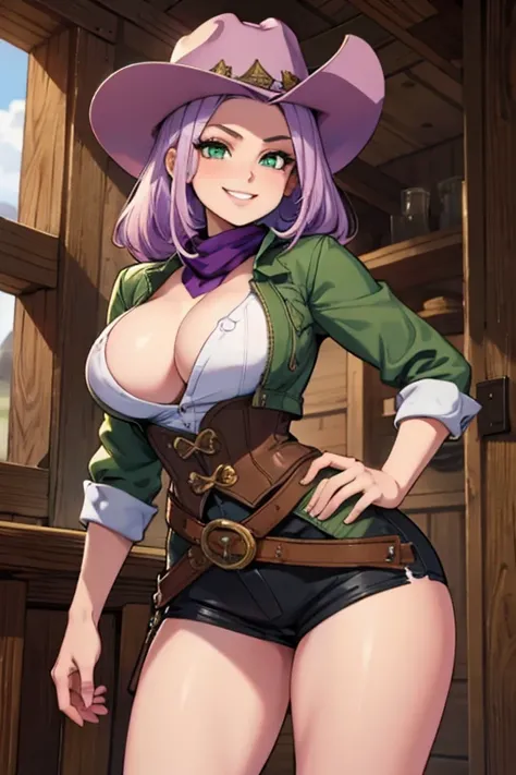 Perfect face. Perfect hands. A light purple haired cowgirl with green eyes and an hourglass figure in a conservative cowgirl outfit is exploring an outlaws den with a big smile