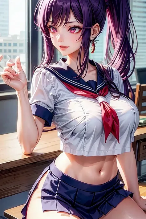 woman, sexy woman, mature female, mommy, long purple hair, red eyes, sharp eyes, detailed lips, big breast, short sleeves sailor...