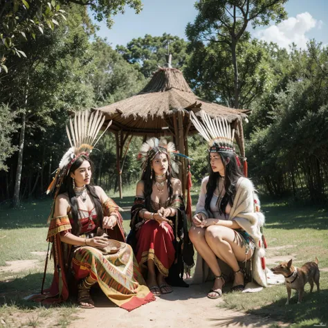 monica bellucci beautiful woman wearing a native american dress sitting in the forest with her dogs, native american, native ame...