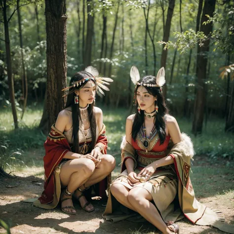 monica bellucci beautiful woman wearing a native american dress sitting in the forest with her dogs, native american, native ame...