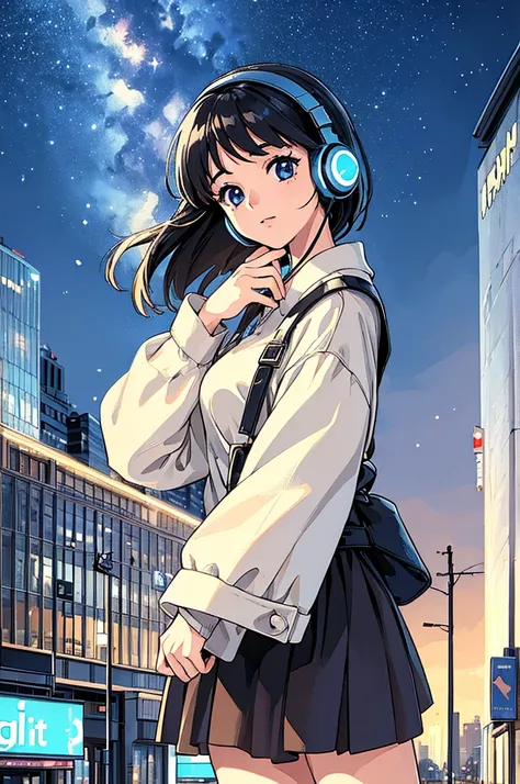 ((masterpiece)),(((highest quality))),((super detailed)) realistically, 1 girl, beautiful, wearing headphones, one person　watchi...