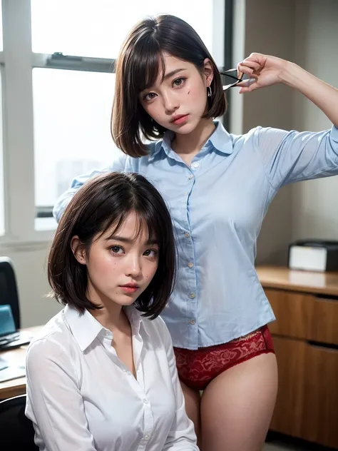 NSFW,8k, RAW Portrait (Japanese women),masterpiece、Photorealistic:1.2、Realistic, Ultra-high resolution, Highest quality, Real Life Photos ,( in the evening :1.1), , (((Two girls showing off their panties In the room)))、(Cute Face:1.3)、Japanese women,((offi...