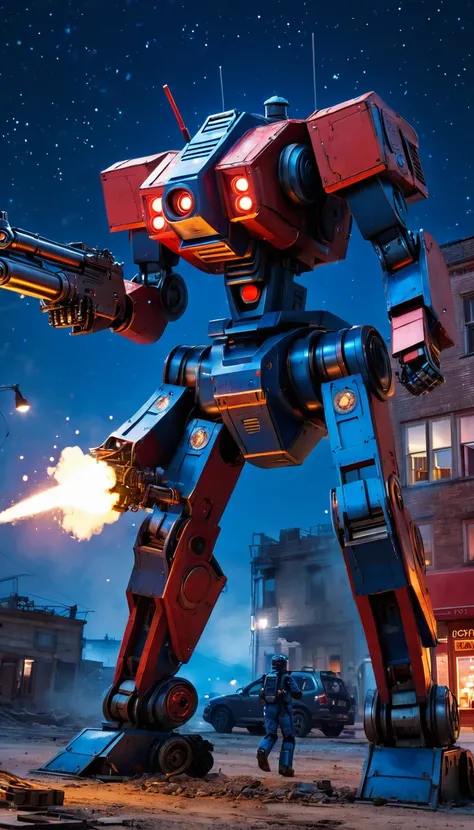 ultra realistic, uttra detail,mech bot, coffee, red light, mechanical bot, blue, collapse building, shoot, gun, smoke, flare, night view, starrynight, star, meteor