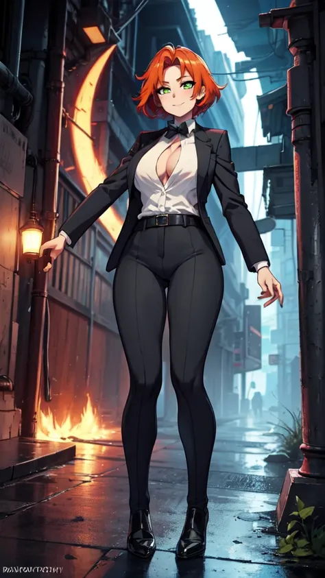 sexy, white skin, anime woman, happy, glowing green eyes, extremely short glowing orange hair, wearing a suit, full body