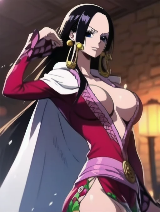 Boa Hancock from One Piece, detailed face, beautiful blue eyes, small smile, wears earrings; big breasts, cleavage, loose and stylized hair, long beautiful hair, wears Boa Hancock earrings, (wears a red dress), (wears a white cape), has cleavage, bare abdo...