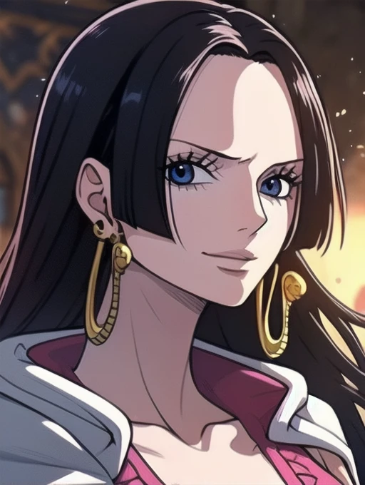 Boa Hancock from One Piece, detailed face, beautiful blue eyes, small smile, wears earrings; big breasts, cleavage, loose and stylized hair, long beautiful hair, wears Boa Hancock earrings, (wears a red dress), (wears a white cape), has cleavage, bare abdo...