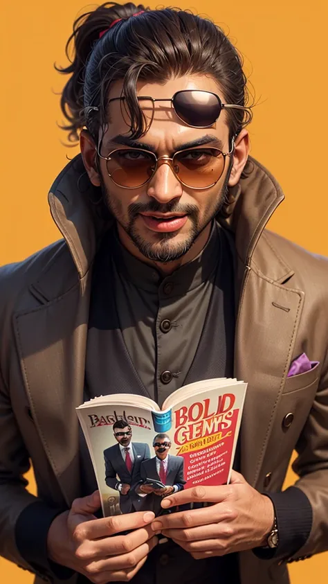 create an image of a man, holding a book in one hand and women magazine in another hand. happy face tongue out, sunglasses. In background"BAKCHOD GENTLEMEN" bold text background. Best quality DP, ultra realistic 