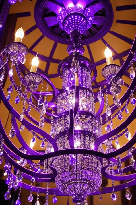 a close up of a chandelier with many purple lights, a digital rendering inspired by Osman Hamdi Bey, flickr, arabesque, purple lights, cool purple lighting, moody lights!! intricate, glowing lights!! intricate, arabian nights inspired, blue and purle light...