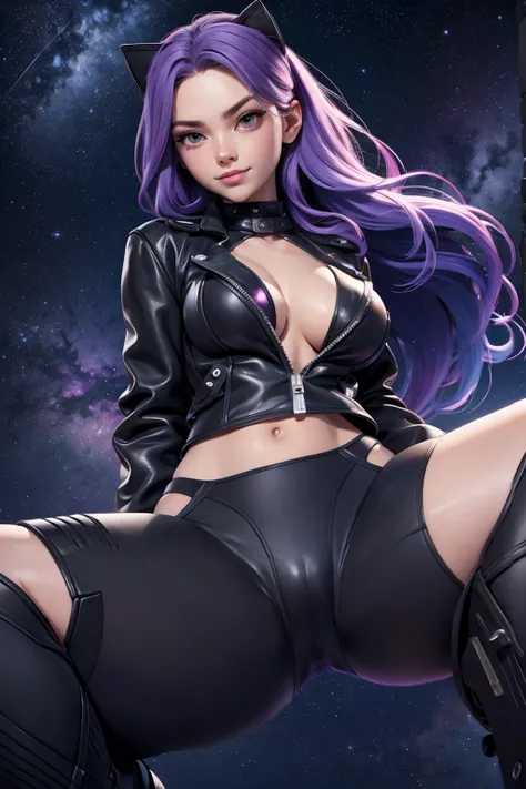 girl with goth colors. Crotch Angle perspective, laying on her back . She has ((starlight hair)), wears a (black micro-bikini:star motif ) (bare navel) (cameltoe) (tech-wear jacket) , ((beautiful and aesthetic)), muscular fit body abs, sexy, under-boobs, h...