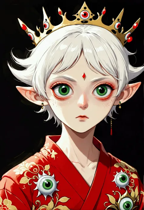 Japanese Anime，Second Dimension，Horror style，horror character，(((Three-eyed boy，third eye on the forehead:1.1.Dark eyeshadow，White short hair，Elf ears，Exaggerated golden crown-eyeball decoration))),(((Gorgeous Japanese red kimono，Eye pattern，Dark Pattern))...