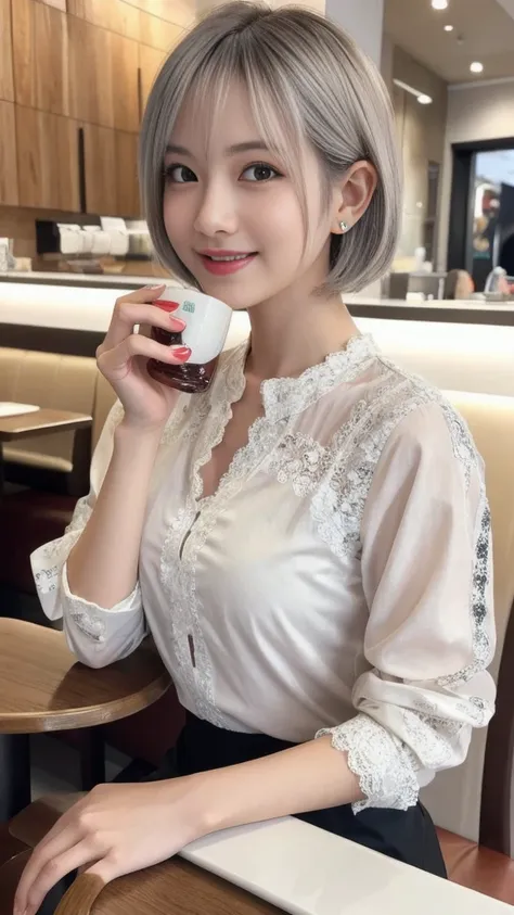 (1 young ultra Cute japanese girl,short silver hair,porcelain white skin,slender figure,lacy shirt,sitting in Italian cafe,drinking black tea,beautiful detailed eyes,long eyelashes,charming dropped eyes,lovely smiling lips,extremely detailed face without m...