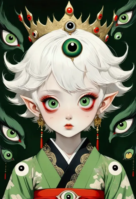 Japanese Anime，Second Dimension，Horror style，horror character，(((Three-eyed boy，独奏，third eye on the forehead:1.1.Dark eyeshadow，White short hair，Elf ears，Exaggerated golden crown-eyeball decoration))),(((Gorgeous Japanese red kimono，Eye pattern，Dark Patter...