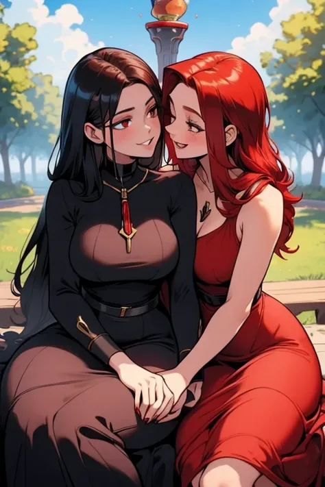 Two women. Perfect faces. Perfect hands. A red haired woman with red eyes and an hourglass figure in a pretty summer dress is kissing while sitting on the lap of a black haired woman with brown eyes with an hourglass figure in a park with a big smile
