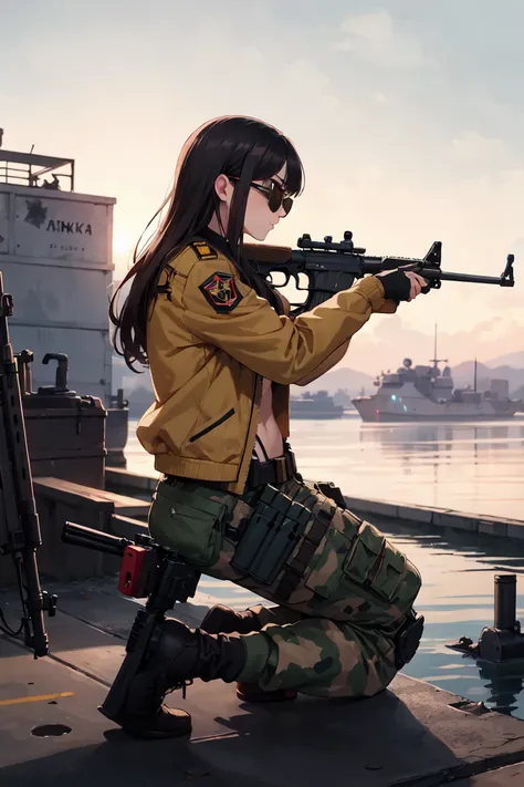 arafed woman in yellow jacket and sunglasses kneeling on a dock with a gun, with rifle, holding rifle, badass pose, with pistol, bikini + tattered military gear, shooting pose, bella poarch, military girl, holding a rifle, soldier girl, anna nikonova aka n...