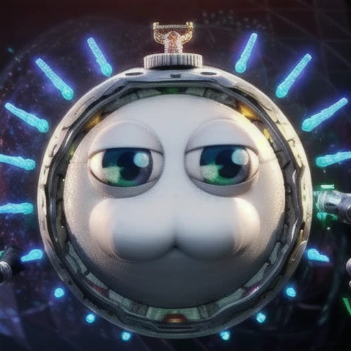 a robotic planet, round planet, with a white cats face, covered with gray metal armor, symbol on the armor, a cylindrical robot on its head, blue holographic spikes levitating around it, in a galaxy 