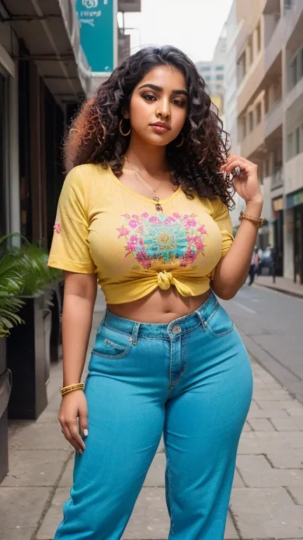 ((best qualityer, 8k, work of art :1.3)),  busy indiana, 23 year old Indian woman with emphasis on her curvaceous physique and large breasts: 1.3, (far away, lush curls: 1.2), Vibrant cotton top with eye-catching patterns: 1.2, ultra delicate face, detaile...