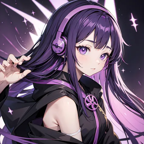 Anime girl with long purple hair and black robe. Pointy ears. Cute as in manga. Headphones. Front facing