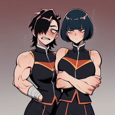 One girl, my hero academia uniform, siren eyes, dark red eye color, muscular arms, long jet black hair with bangs, arms crossed, lesbian, dominant, Mole Under Eye, Devil Pupils, Tsundere, faded scare over right eye, tall, nonchalant