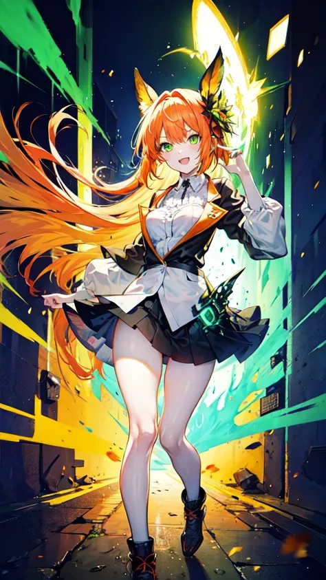 sexy, white skin, anime woman, happy, glowing green eyes, extremely short glowing orange hair, wearing a up skirt, full body