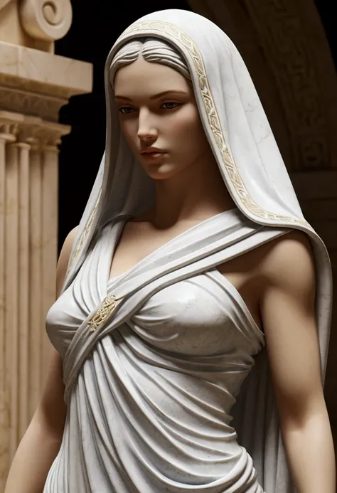 Sure:, Create highly realistic images of marble statues in Octane Render style.., Depicts a beautiful woman standing, Elegantly positioned in a cultured pose. The smallest details and precise proportions are essential to convey beauty and aesthetic perfect...