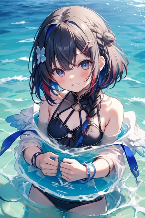 Swimwear、Concept Art、Black Hair Girl、Braid、Grin、Upper Body、Playing in the sea、Shooting from above