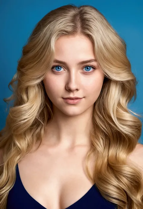 Young woman of 20 years old, Fairly long wavy blond hair with blue eyes and normal breast size