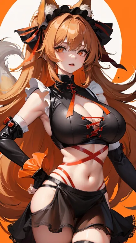 fox woman, wears a maid outfit showing black panties with red bows, has long messy shaggy blonde hair, has red-orange eyes, has a big breast, has fox ears and fox tail.