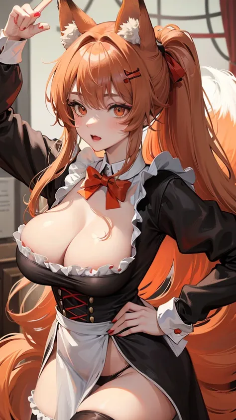 fox woman, wears a maid outfit showing black panties with red bows, has long messy shaggy blonde hair, has red-orange eyes, has a big breast, has fox ears and fox tail.